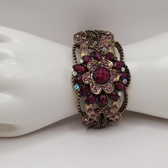 Purple Pink Rhinestone Hinged Bracelet, Victorian Style, 6 1/2 Inches - Picture 11 of 14
